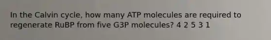 In the Calvin cycle, how many ATP molecules are required to regenerate RuBP from five G3P molecules? 4 2 5 3 1