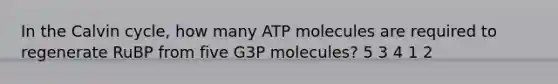 In the Calvin cycle, how many ATP molecules are required to regenerate RuBP from five G3P molecules? 5 3 4 1 2