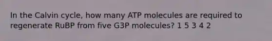 In the Calvin cycle, how many ATP molecules are required to regenerate RuBP from five G3P molecules? 1 5 3 4 2