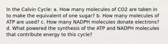 In the Calvin Cycle: a. How many molecules of CO2 are taken in to make the equivalent of one sugar? b. How many molecules of ATP are used? c. How many NADPH molecules donate electrons? d. What powered the synthesis of the ATP and NADPH molecules that contribute energy to this cycle?