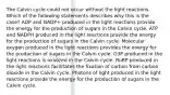 The Calvin cycle could not occur without the light reactions. Which of the following statements describes why this is the case? ADP and NADP+ produced in the light reactions provide the energy for the production of sugars in the Calvin cycle. ATP and NADPH produced in the light reactions provide the energy for the production of sugars in the Calvin cycle. Molecular oxygen produced in the light reactions provides the energy for the production of sugars in the Calvin cycle. G3P produced in the light reactions is oxidized in the Calvin cycle. RuBP produced in the light reactions facilitates the fixation of carbon from carbon dioxide in the Calvin cycle. Photons of light produced in the light reactions provide the energy for the production of sugars in the Calvin cycle.