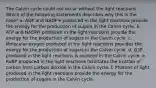 The Calvin cycle could not occur without the light reactions. Which of the following statements describes why this is the case? a. ADP and NADP+ produced in the light reactions provide the energy for the production of sugars in the Calvin cycle. b. ATP and NADPH produced in the light reactions provide the energy for the production of sugars in the Calvin cycle. c. Molecular oxygen produced in the light reactions provides the energy for the production of sugars in the Calvin cycle. d. G3P produced in the light reactions is oxidized in the Calvin cycle. e. RuBP produced in the light reactions facilitates the fixation of carbon from carbon dioxide in the Calvin cycle. f. Photons of light produced in the light reactions provide the energy for the production of sugars in the Calvin cycle.