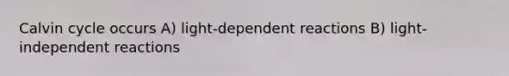 Calvin cycle occurs A) light-dependent reactions B) light-independent reactions