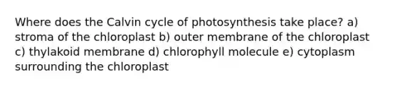 Where does the Calvin cycle of photosynthesis take place? a) stroma of the chloroplast b) outer membrane of the chloroplast c) thylakoid membrane d) chlorophyll molecule e) cytoplasm surrounding the chloroplast