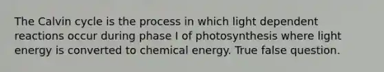 The Calvin cycle is the process in which light dependent reactions occur during phase I of photosynthesis where light energy is converted to chemical energy. True false question.