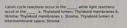 Calvin cycle reactions occur in the _____, while light reactions occur in the _____. a. Thylakoid lumen; Thylakoid membranes b. Stroma; Thylakoid membranes c. Stroma; Thylakoid lumen d. Intermembrane space; Stroma