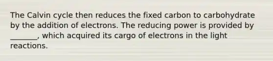 The Calvin cycle then reduces the fixed carbon to carbohydrate by the addition of electrons. The reducing power is provided by _______, which acquired its cargo of electrons in the light reactions.