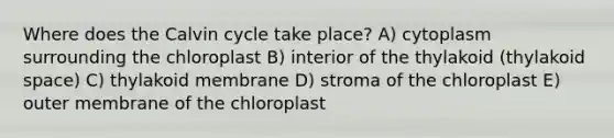 Where does the Calvin cycle take place? A) cytoplasm surrounding the chloroplast B) interior of the thylakoid (thylakoid space) C) thylakoid membrane D) stroma of the chloroplast E) outer membrane of the chloroplast