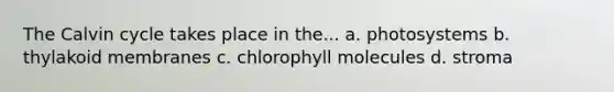 The Calvin cycle takes place in the... a. photosystems b. thylakoid membranes c. chlorophyll molecules d. stroma