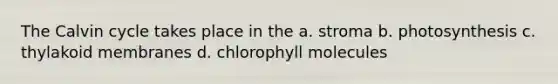 The Calvin cycle takes place in the a. stroma b. photosynthesis c. thylakoid membranes d. chlorophyll molecules