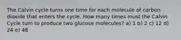 The Calvin cycle turns one time for each molecule of carbon dioxide that enters the cycle. How many times must the Calvin Cycle turn to produce two glucose molecules? a) 1 b) 2 c) 12 d) 24 e) 48