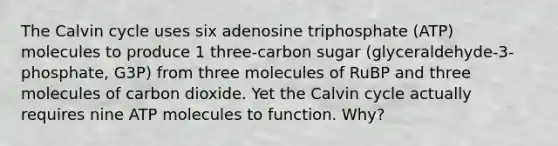 The Calvin cycle uses six adenosine triphosphate (ATP) molecules to produce 1 three-carbon sugar (glyceraldehyde-3-phosphate, G3P) from three molecules of RuBP and three molecules of carbon dioxide. Yet the Calvin cycle actually requires nine ATP molecules to function. Why?