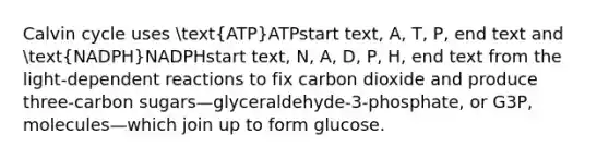 Calvin cycle uses (ATP)ATPstart text, A, T, P, end text and (NADPH)NADPHstart text, N, A, D, P, H, end text from the light-dependent reactions to fix carbon dioxide and produce three-carbon sugars—glyceraldehyde-3-phosphate, or G3P, molecules—which join up to form glucose.