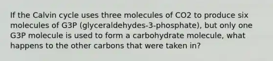 If the Calvin cycle uses three molecules of CO2 to produce six molecules of G3P (glyceraldehydes-3-phosphate), but only one G3P molecule is used to form a carbohydrate molecule, what happens to the other carbons that were taken in?