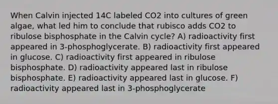 When Calvin injected 14C labeled CO2 into cultures of green algae, what led him to conclude that rubisco adds CO2 to ribulose bisphosphate in the Calvin cycle? A) radioactivity first appeared in 3-phosphoglycerate. B) radioactivity first appeared in glucose. C) radioactivity first appeared in ribulose bisphosphate. D) radioactivity appeared last in ribulose bisphosphate. E) radioactivity appeared last in glucose. F) radioactivity appeared last in 3-phosphoglycerate