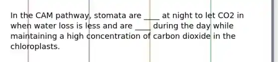 In the CAM pathway, stomata are ____ at night to let CO2 in when water loss is less and are ____ during the day while maintaining a high concentration of carbon dioxide in the chloroplasts.