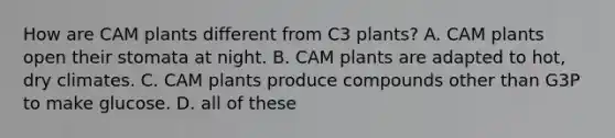 How are CAM plants different from C3 plants? A. CAM plants open their stomata at night. B. CAM plants are adapted to hot, dry climates. C. CAM plants produce compounds other than G3P to make glucose. D. all of these