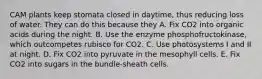 CAM plants keep stomata closed in daytime, thus reducing loss of water. They can do this because they A. Fix CO2 into organic acids during the night. B. Use the enzyme phosphofructokinase, which outcompetes rubisco for CO2. C. Use photosystems I and II at night. D. Fix CO2 into pyruvate in the mesophyll cells. E. Fix CO2 into sugars in the bundle-sheath cells.