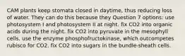 CAM plants keep stomata closed in daytime, thus reducing loss of water. They can do this because they Question 7 options: use photosystem I and photosystem II at night. fix CO2 into organic acids during the night. fix CO2 into pyruvate in the mesophyll cells. use the enzyme phosphofructokinase, which outcompetes rubisco for CO2. fix CO2 into sugars in the bundle-sheath cells.