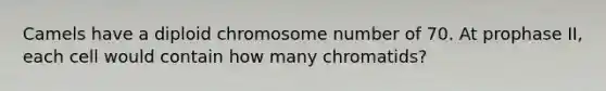 Camels have a diploid chromosome number of 70. At prophase II, each cell would contain how many chromatids?