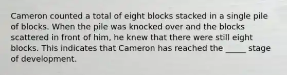 Cameron counted a total of eight blocks stacked in a single pile of blocks. When the pile was knocked over and the blocks scattered in front of him, he knew that there were still eight blocks. This indicates that Cameron has reached the _____ stage of development.