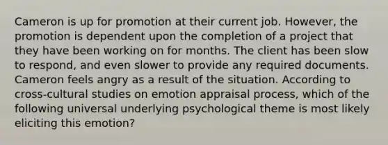 Cameron is up for promotion at their current job. However, the promotion is dependent upon the completion of a project that they have been working on for months. The client has been slow to respond, and even slower to provide any required documents. Cameron feels angry as a result of the situation. According to cross-cultural studies on emotion appraisal process, which of the following universal underlying psychological theme is most likely eliciting this emotion?