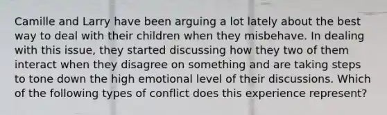 Camille and Larry have been arguing a lot lately about the best way to deal with their children when they misbehave. In dealing with this issue, they started discussing how they two of them interact when they disagree on something and are taking steps to tone down the high emotional level of their discussions. Which of the following types of conflict does this experience represent?