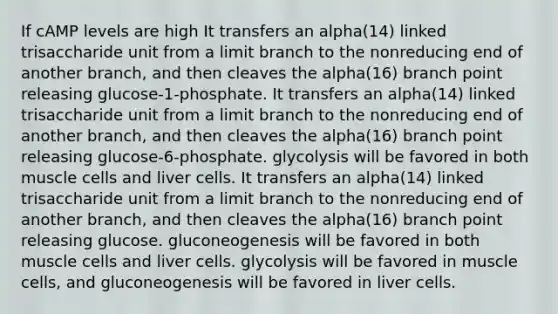 If cAMP levels are high It transfers an alpha(14) linked trisaccharide unit from a limit branch to the nonreducing end of another branch, and then cleaves the alpha(16) branch point releasing glucose-1-phosphate. It transfers an alpha(14) linked trisaccharide unit from a limit branch to the nonreducing end of another branch, and then cleaves the alpha(16) branch point releasing glucose-6-phosphate. glycolysis will be favored in both muscle cells and liver cells. It transfers an alpha(14) linked trisaccharide unit from a limit branch to the nonreducing end of another branch, and then cleaves the alpha(16) branch point releasing glucose. gluconeogenesis will be favored in both muscle cells and liver cells. glycolysis will be favored in muscle cells, and gluconeogenesis will be favored in liver cells.