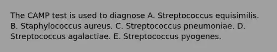 The CAMP test is used to diagnose A. Streptococcus equisimilis. B. Staphylococcus aureus. C. Streptococcus pneumoniae. D. Streptococcus agalactiae. E. Streptococcus pyogenes.