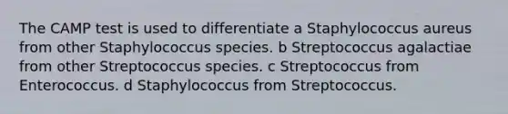 The CAMP test is used to differentiate a Staphylococcus aureus from other Staphylococcus species. b Streptococcus agalactiae from other Streptococcus species. c Streptococcus from Enterococcus. d Staphylococcus from Streptococcus.