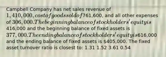 Campbell Company has net sales revenue of 1,410,000, cost of goods sold of761,600, and all other expenses of 306,000. The beginning balance of stockholders' equity is416,000 and the beginning balance of fixed assets is 377,000. The ending balance of stockholders' equity is616,000 and the ending balance of fixed assets is 405,000. The fixed asset turnover ratio is closest to: 1.31 1.52 3.61 0.54