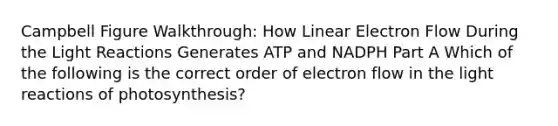 Campbell Figure Walkthrough: How Linear Electron Flow During the Light Reactions Generates ATP and NADPH Part A Which of the following is the correct order of electron flow in the light reactions of photosynthesis?