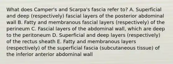 What does Camper's and Scarpa's fascia refer to? A. Superficial and deep (respectively) fascial layers of the posterior abdominal wall B. Fatty and membranous fascial layers (respectively) of the perineum C. Fascial layers of the abdominal wall, which are deep to the peritoneum D. Superficial and deep layers (respectively) of the rectus sheath E. Fatty and membranous layers (respectively) of the superficial fascia (subcutaneous tissue) of the inferior anterior abdominal wall