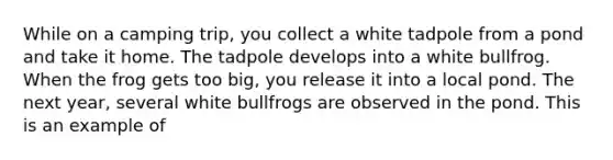 While on a camping trip, you collect a white tadpole from a pond and take it home. The tadpole develops into a white bullfrog. When the frog gets too big, you release it into a local pond. The next year, several white bullfrogs are observed in the pond. This is an example of