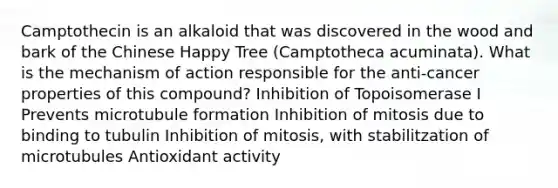 Camptothecin is an alkaloid that was discovered in the wood and bark of the Chinese Happy Tree (Camptotheca acuminata). What is the mechanism of action responsible for the anti-cancer properties of this compound? Inhibition of Topoisomerase I Prevents microtubule formation Inhibition of mitosis due to binding to tubulin Inhibition of mitosis, with stabilitzation of microtubules Antioxidant activity