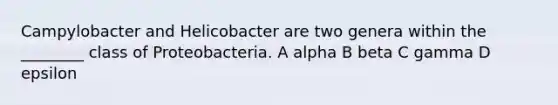 Campylobacter and Helicobacter are two genera within the ________ class of Proteobacteria. A alpha B beta C gamma D epsilon