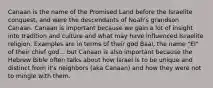 Canaan is the name of the Promised Land before the Israelite conquest, and were the descendants of Noah's grandson Canaan. Canaan is important because we gain a lot of insight into tradition and culture and what may have influenced Israelite religion. Examples are in terms of their god Baal, the name "El" of their chief god... but Canaan is also important because the Hebrew Bible often talks about how Israel is to be unique and distinct from it's neighbors (aka Canaan) and how they were not to mingle with them.