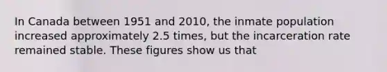 In Canada between 1951 and 2010, the inmate population increased approximately 2.5 times, but the incarceration rate remained stable. These figures show us that