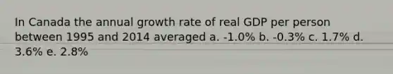 In Canada the annual growth rate of real GDP per person between 1995 and 2014 averaged a. -1.0% b. -0.3% c. 1.7% d. 3.6% e. 2.8%