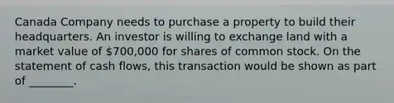 Canada Company needs to purchase a property to build their headquarters. An investor is willing to exchange land with a market value of​ 700,000 for shares of common stock. On the statement of cash​ flows, this transaction would be shown as part of​ ________.