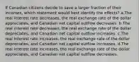 If Canadian citizens decide to save a larger fraction of their incomes, which statement would best identify the effects? a.The real interest rate decreases, the real exchange rate of the dollar appreciates, and Canadian net capital outflow decreases. b.The real interest rate decreases, the real exchange rate of the dollar depreciates, and Canadian net capital outflow increases. c.The real interest rate increases, the real exchange rate of the dollar depreciates, and Canadian net capital outflow increases. d.The real interest rate increases, the real exchange rate of the dollar appreciates, and Canadian net capital outflow decreases.