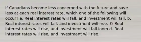 If Canadians become less concerned with the future and save less at each real interest rate, which one of the following will occur? a. Real interest rates will fall, and investment will fall. b. Real interest rates will fall, and investment will rise. © Real interest rates will rise, and investment will fall.ionm d. Real interest rates will rise, and investment will rise.