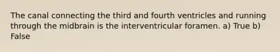 The canal connecting the third and fourth ventricles and running through the midbrain is the interventricular foramen. a) True b) False