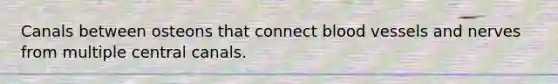 Canals between osteons that connect <a href='https://www.questionai.com/knowledge/kZJ3mNKN7P-blood-vessels' class='anchor-knowledge'>blood vessels</a> and nerves from multiple central canals.