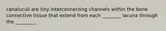 canaluculi are tiny interconnecting channels within the bone <a href='https://www.questionai.com/knowledge/kYDr0DHyc8-connective-tissue' class='anchor-knowledge'>connective tissue</a> that extend from each ________ lacuna through the _________
