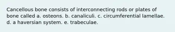 Cancellous bone consists of interconnecting rods or plates of bone called a. osteons. b. canaliculi. c. circumferential lamellae. d. a haversian system. e. trabeculae.