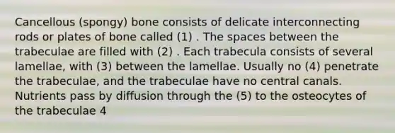 Cancellous (spongy) bone consists of delicate interconnecting rods or plates of bone called (1) . The spaces between the trabeculae are filled with (2) . Each trabecula consists of several lamellae, with (3) between the lamellae. Usually no (4) penetrate the trabeculae, and the trabeculae have no central canals. Nutrients pass by diffusion through the (5) to the osteocytes of the trabeculae 4