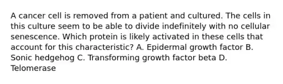 A cancer cell is removed from a patient and cultured. The cells in this culture seem to be able to divide indefinitely with no cellular senescence. Which protein is likely activated in these cells that account for this characteristic? A. Epidermal growth factor B. Sonic hedgehog C. Transforming growth factor beta D. Telomerase