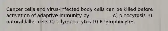 Cancer cells and virus-infected body cells can be killed before activation of adaptive immunity by ________. A) pinocytosis B) natural killer cells C) T lymphocytes D) B lymphocytes