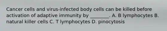 Cancer cells and virus-infected body cells can be killed before activation of adaptive immunity by ________. A. B lymphocytes B. natural killer cells C. T lymphocytes D. pinocytosis